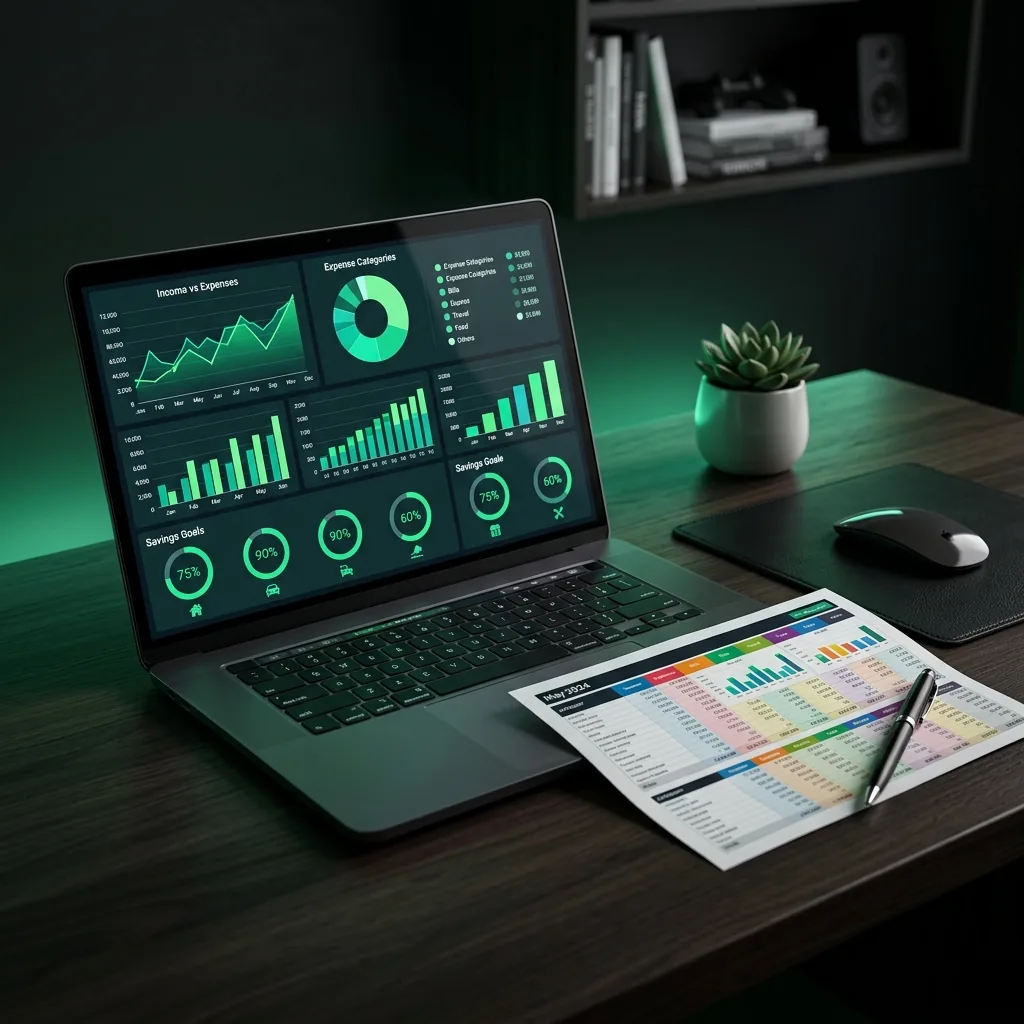 FinançasClaras — Dashboard financeiro no laptop com planilhas de controle